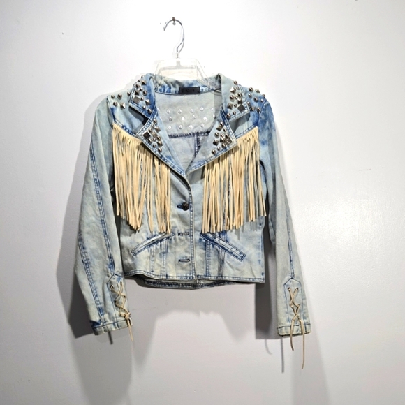 TOV Studded Fringe Denim Jacket EU 40 US 8 - Picture 1 of 12